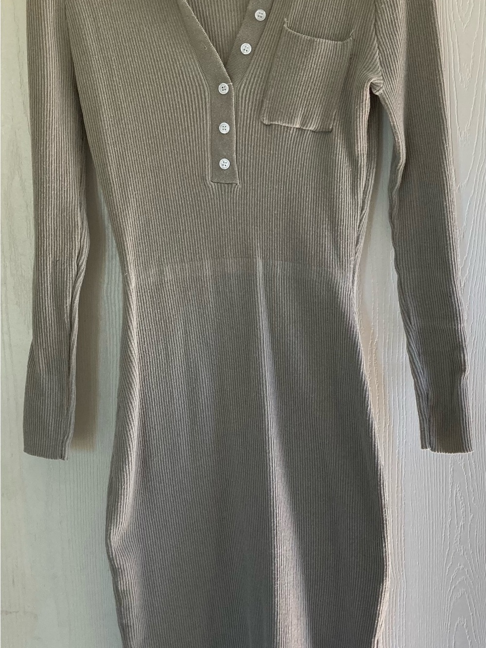 Ribbed Long-Sleeve V-Neck Midi Dress in Taupe